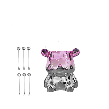 Conjunto 6 Garfinhos Para Petiscos De Inox, Com Suporte De Ursinho Rosa