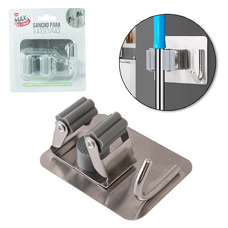 Suporte Porta Vassoura com Encaixe de Inox + Gancho Autoadesivo