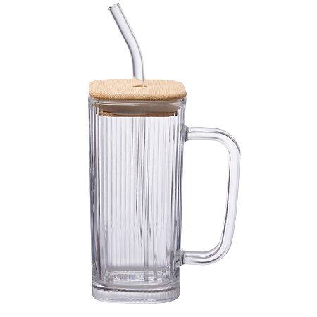 Copo Caneca De Vidro Com Canudo E Tampa De Bambu Graffiato 290 ml