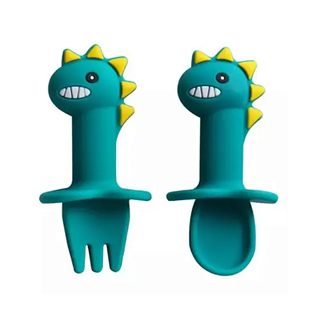 Colher E Garfo De Silicone Infantil Dinossauro Verde