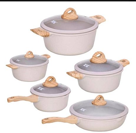 Jogo de Panelas Bege 5 Peças Revestido em Cerâmica Granito Antiaderente