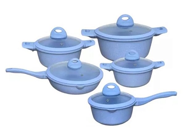 Jogo de Panelas Azul  5 Peças Revestido em Cerâmica Granito Antiaderente
