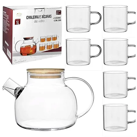 Kit Chaleira de Vidro Stanford com Tampa de Bambu e Coador no Bico 1000 ml e Xícaras