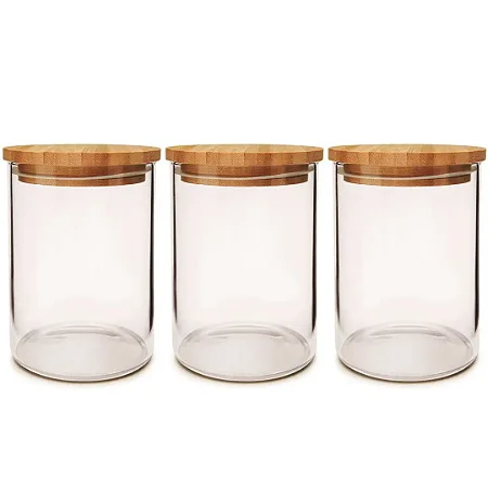 Kit 3 Potes de Vidro Hermético com Tampa de Bambu Redondo - 300 Ml