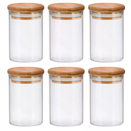 Kit 6 Potes de Vidros Hermético com Tampa de Bambu Redondo - 300 Ml