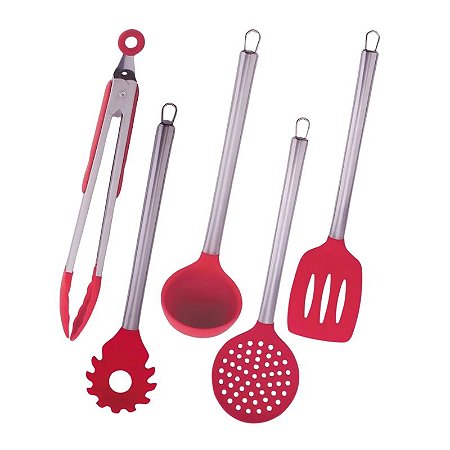 Kit Utensílios 5 Peças Vermelho e Aço Inox