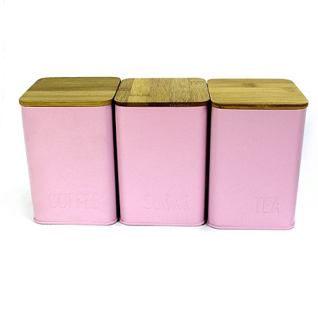 Conjunto de 03 Latas Mantimentos Rosa Relevo com Tampa de Bambu