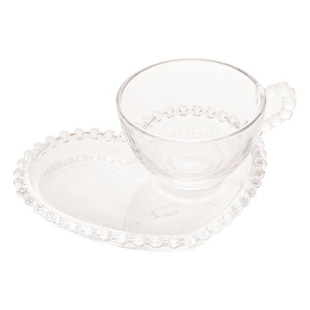 Xícara de Cristal de Chumbo Para Chá Com Prato de Coração Bolinhas Pearl - 180 ml