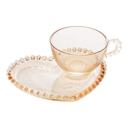 Xícara de Cristal de Chumbo Para Chá Com Prato de Coração Bolinhas Âmbar - 180 ml