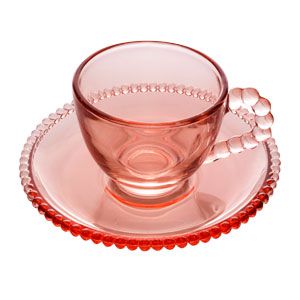 Xícara de Cristal de Chumbo Para Café Com Pires Bolinhas Pearl Rosa - 80 ml