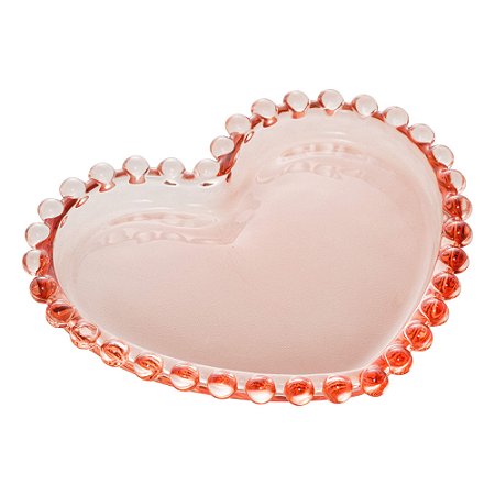 Mini Prato de Coração de Vidro com Borda de Bolinha Pearl Rosa 12 cm