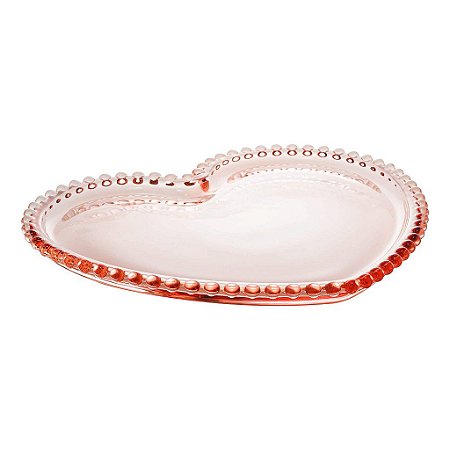Prato de Coração de Vidro para Sobremesa com Borda de Bolinha Pearl Rosa 17 cm
