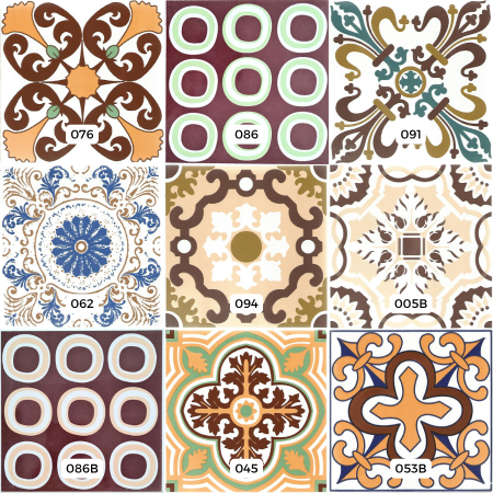 Kit de Azulejos Decorados 13 - 9 Peças - Modelos 005b / 045 / 53b / 62 (2) / 076 / 86b / 86u / 094 / 091