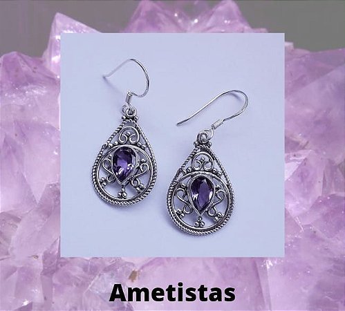 Brincos em Prata 925 trabalhados em Filigrana com Gota de Ametista Natural Facetada