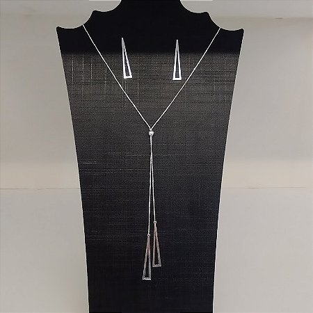 Conjunto Corrente-gravata com pingentes triangulares e Brincos triangulares em Prata 925