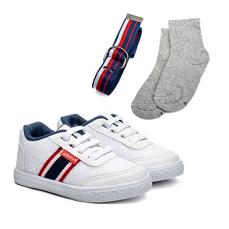Kit Tênis + Cinto + Meias Infantil Branco Colegial K880
