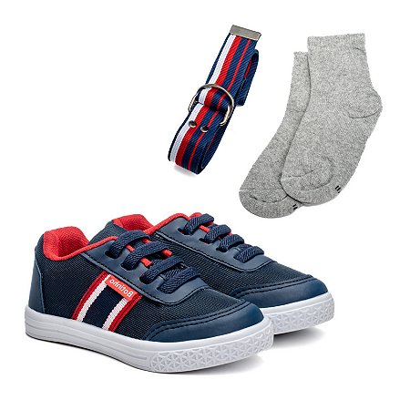 Kit Tênis + Cinto + Meias Infantil Azul Marinho Colegial K880
