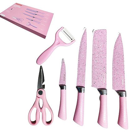 Jogo de Facas Inox Cerâmico Gourmet Premium Cozinha Rosa - Losanshop