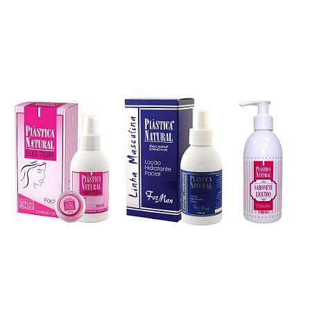Plástica Natural Eloisa Medina Rejuvenescedor Facial 1 Fem 120ml + 1 Masc 120ml e 1 Sab. Líquido c/ Colágeno 180ml