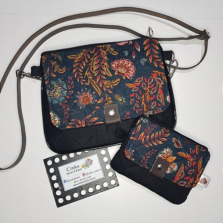 Kit Bolsa de Tecido Pequena com Alça e Carteirinha de Tecido