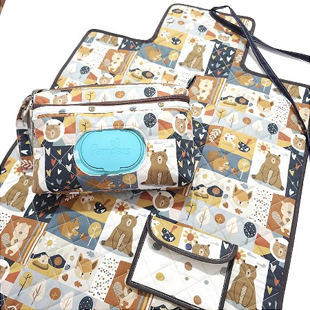 Kit Necessaire do Bebê e Porta Lenço Umedecido + Trocador de Fraldas de Tecido