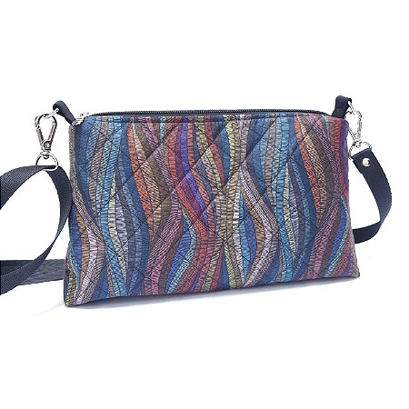 Bolsa de Tecido Trapézio com Zíper, Bolsos e Alça Transversal Regulável. Listrada