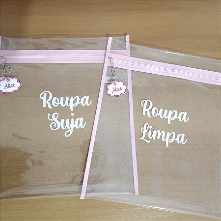 Kit com 2 Saquinhos com Ziper para Roupas Limpas e Sujas 30x35cm e Nome
