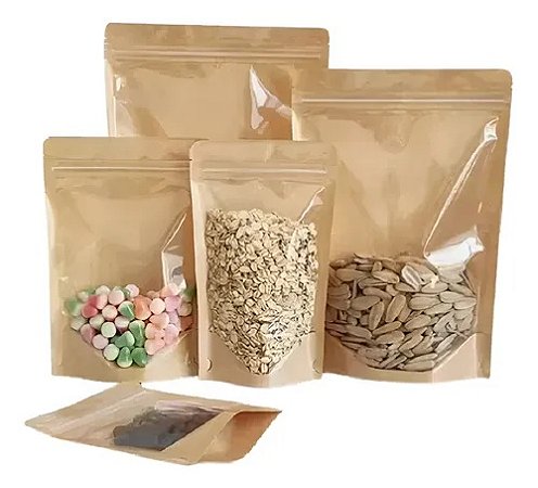 Sacos Stand Up Pouch 14x20cm Kraft Frente Transparente - Pct c/ 50