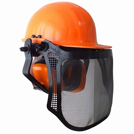 CAPACETE COM PROTEÇÃO FACIAL E ABAFADOR CONCHA - COR LARANJA