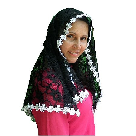 Véu Para Missa Preto Com Detalhe Branco Em Renda Texturizada
