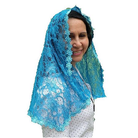 Véu Católico Para Missa Azul Em Renda