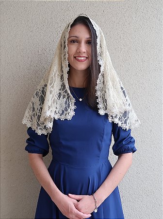 Véu Bege Católico Para Missa Em Renda Texturizada