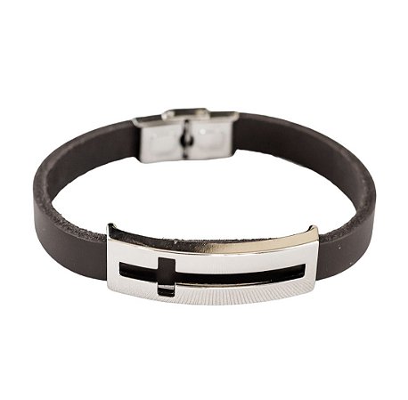 PULSEIRA CRUZ VAZADA MARROM FECHO AÇO INOX