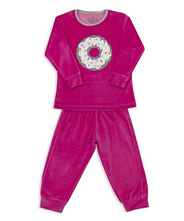 Pijama Infantil Feminino Calça e Camiseta Manga Longa Plush Pink Donuts