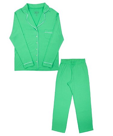 Pijama Adulto Feminino Calça e Camisa Manga Longa Verde com Off White