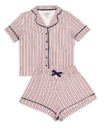 Pijama Adulto Feminino Shorts e Camiseta Manga Curta Listrado Rosa e Azul
