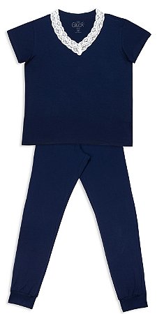 Conjunto de Calça e Camiseta com Renda Azul Marinho