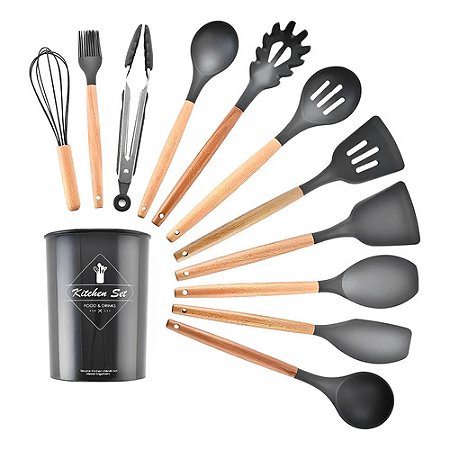 Kit 12 Utensílios De Cozinha Silicone Talheres Cabo de Madeira