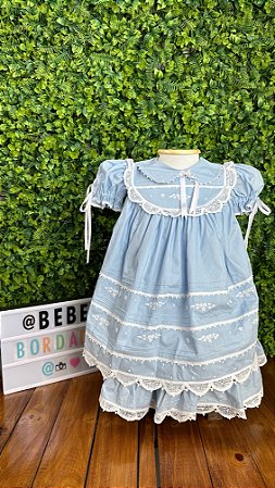 Vestido Infantil de Festa Azul Bordado Manual e Renascença