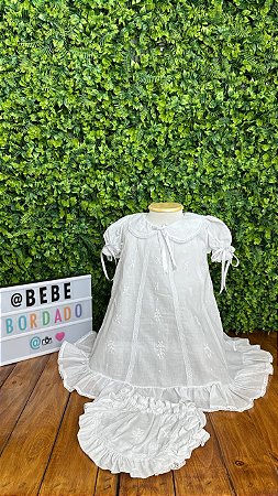 Vestido para batizado com renda paraiba e bordado à mão