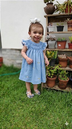 Vestido casinha de abelha azul bebê com calcinha