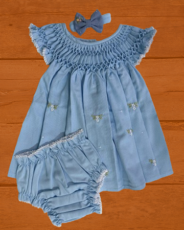 Vestido casinha de abelha azul bebê com calcinha
