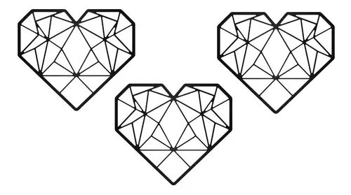 Kit com 3 Quadros de parede Coração Geométrico Preto