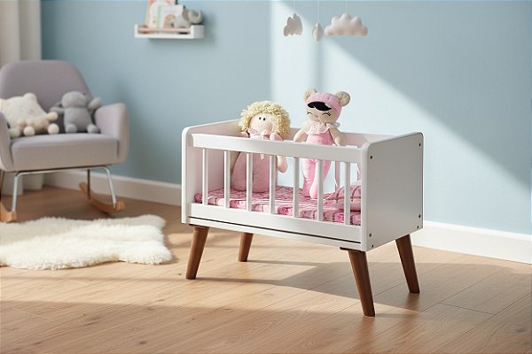 Berço de Boneca Estilo Retrô com Colchão e Travesseiro