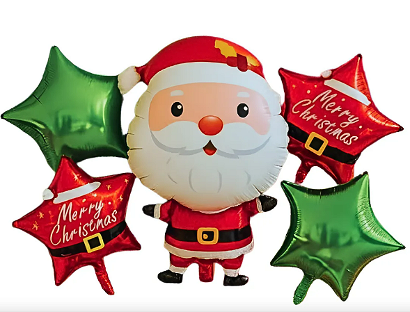 KIT BALÃO METALIZADO ESTRELAS PAPAI NOEL 18POL. - 5UN.