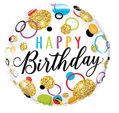 BALÃO METALIZADO 18" REDONDO HAPPY BIRTHDAY PONTOS BRILHANTE 46CM