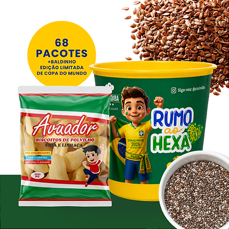Combo Meio de Campo: Biscoito de Polvilho Avuador Sabor Chia e Linhaça + Baldinho - Caixa com 68 pacotes de 30g