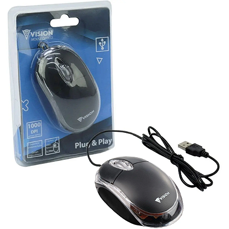 Mouse Optico USB Fio 125cm Sensibilidade 1000dpi Vision