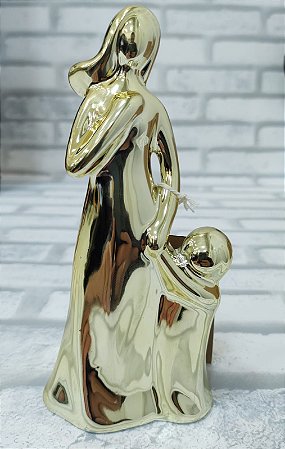 Enfeite de Porcelana Mãe e Filho Dourado  16,5cm