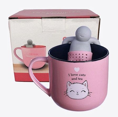 Caneca 350ml C/Infusor P/ Chá I Love Cats